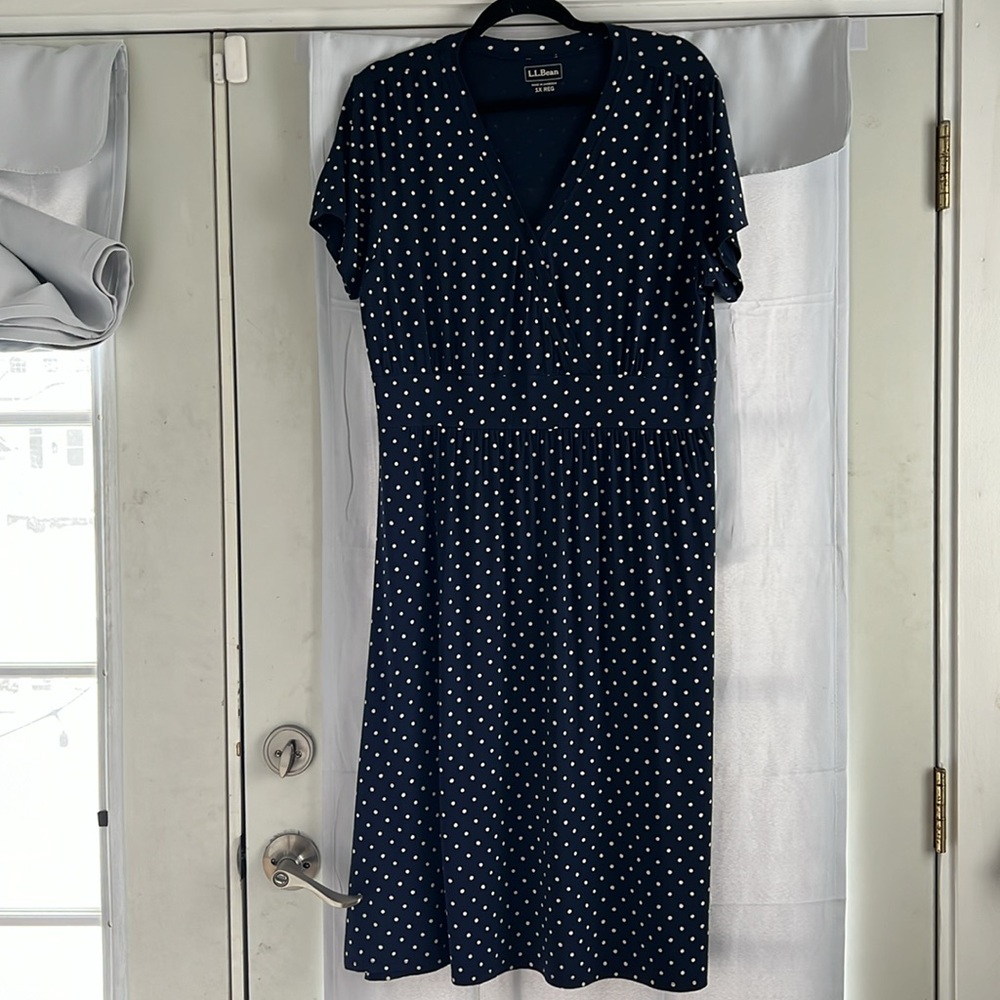 L.L. Bean Navy Blue Polka Dot Wrap Midi Dress - Picture 10 of 13
